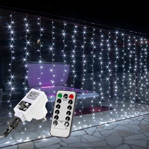 LED fényfüggöny, hideg fehér 6x3m (600 LED) – távirányítóval
