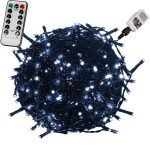 LED fényfüzér hideg fehér 60m (600 LED) zöld kábel, távirányítóval