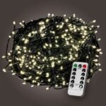 LED fényfüzér meleg fehér 60m (600 LED) zöld kábel, távirányítóval